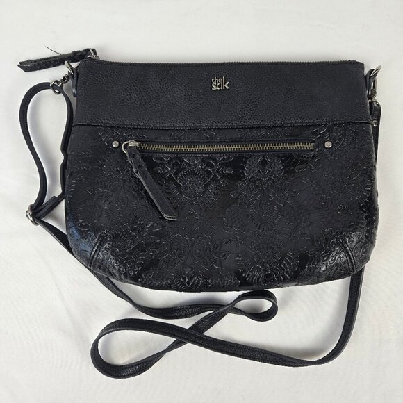 The SAK Black Leather Crossbody Bag Pebbled Leather & Tooled Leather Floral - Picture 1 of 16